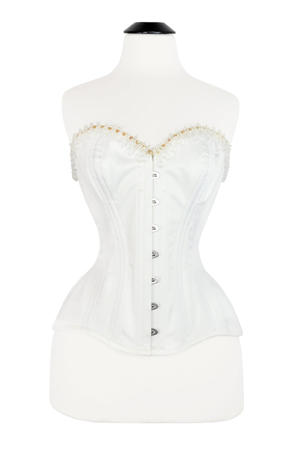 Edwardian Overbust Corset - Ivory Satin Beaded Trim