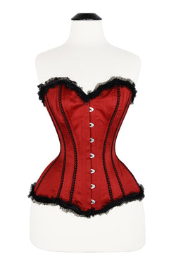 Edwardian Overbust Corset - Wine Red with Black Ruffle Trim