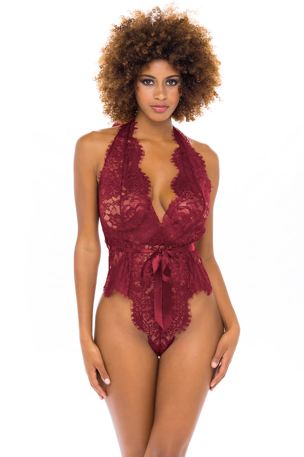 Oh La La Cheri Eyelash Lace Halter Bodysuit